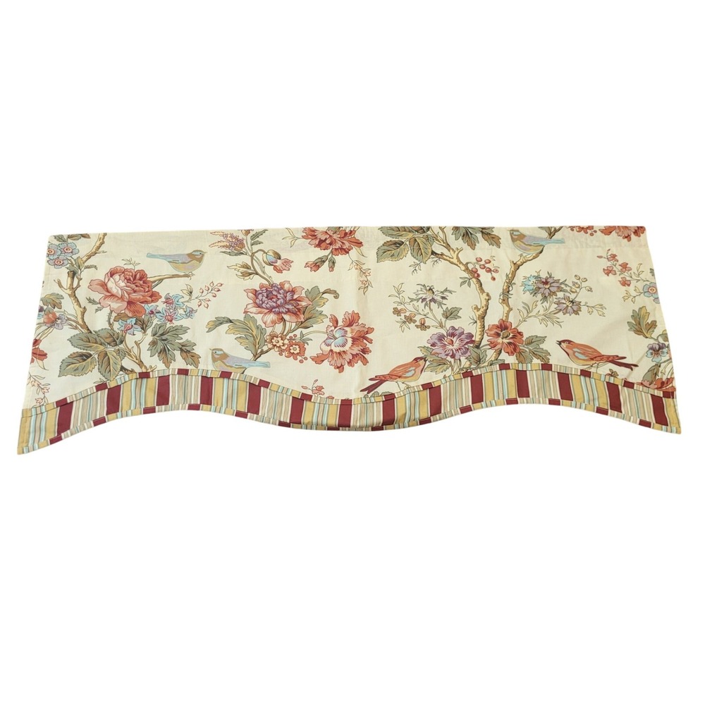 Waverly Charleston Chirp Floral Bird Scalloped Window Valance Ivory